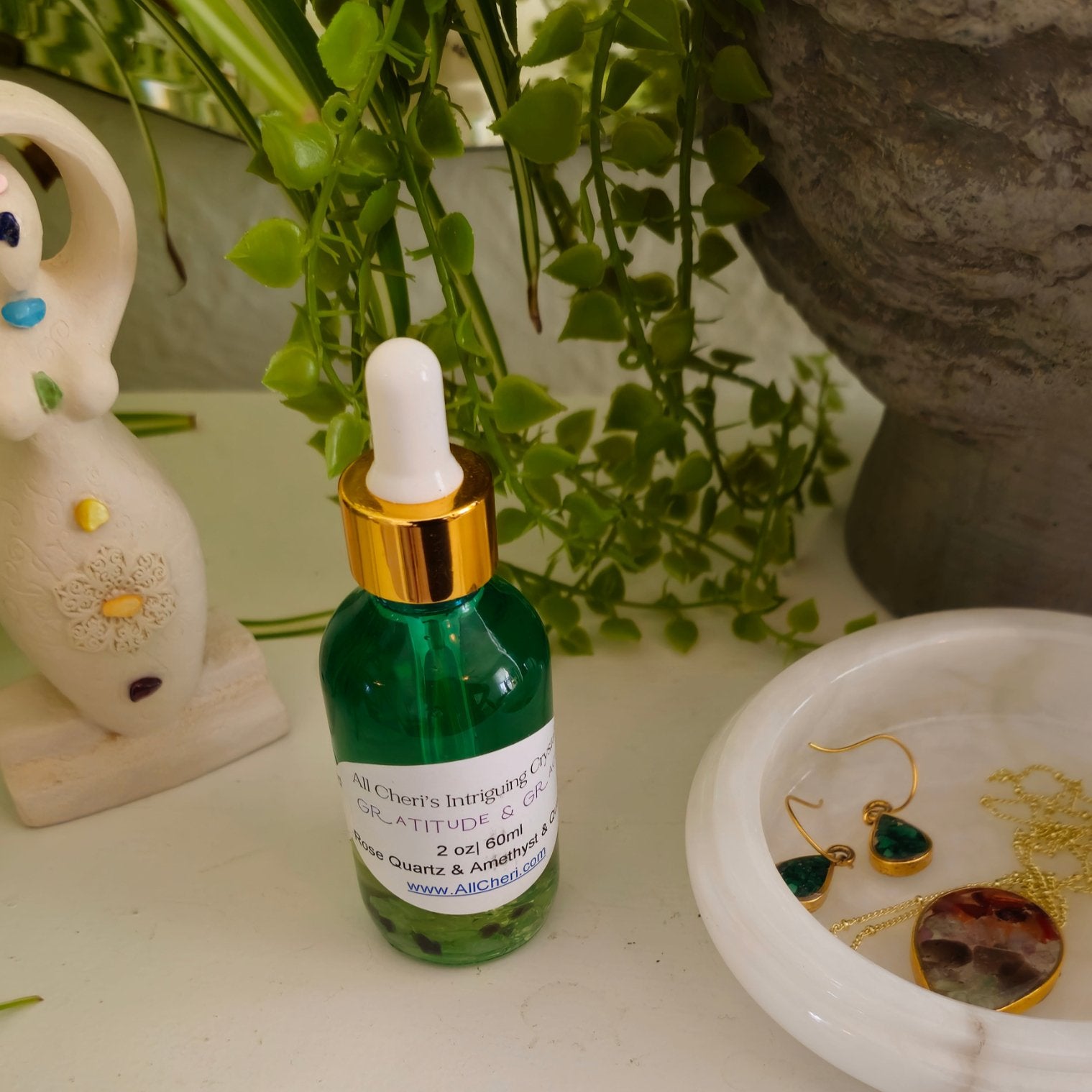 GRATITUDE & GRACE Body Oil with Rose Quartz, Clear Quartz & Amethyst - Glass Dropper (Copy) - All Cheri's Intriguing Crystals LLCBath and Body