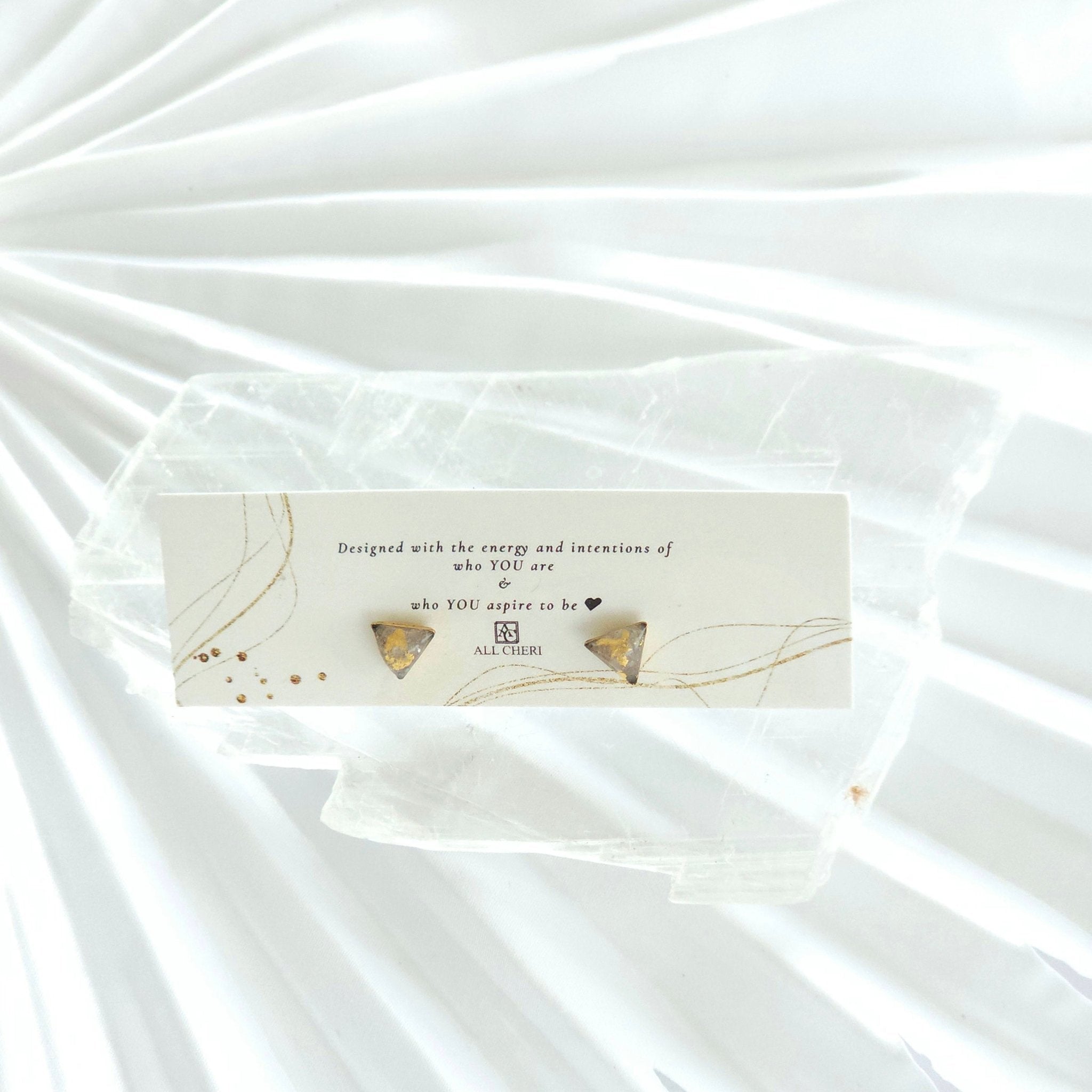 Gold Crushed Gemstone Triangle Post Earrings - All Cheri's Intriguing Crystals LLC